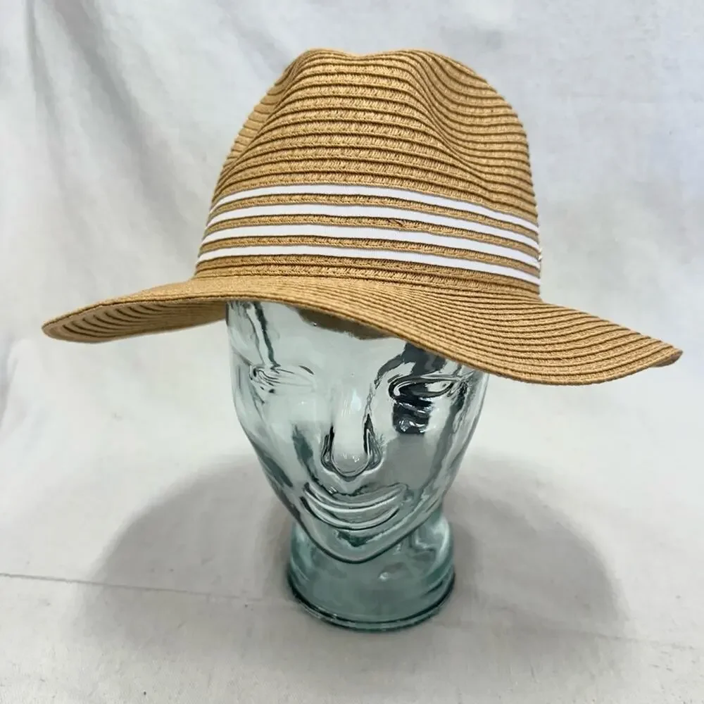 Adrienne Vittadini straw fedora hat in Toast w/ white‎ stripe band One Size NWT